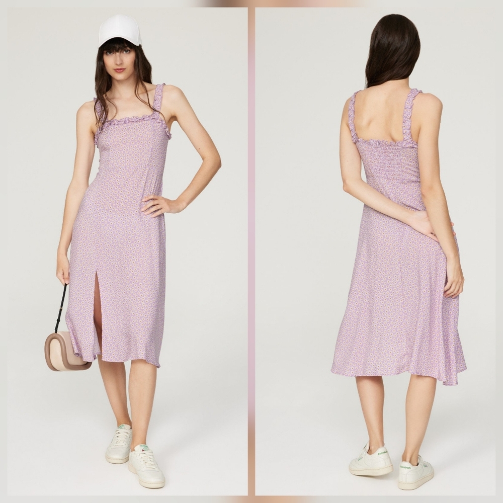 Louna Purple Daisy Midi Dress Sleeveless Square Neck Size M